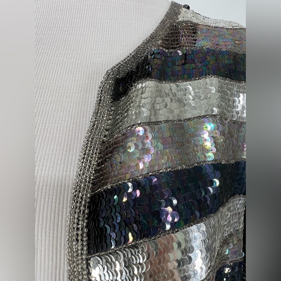 Vintage 80s Beaded Silver and Black Sequin Silk Evening Jacket - Picture 9 of 12